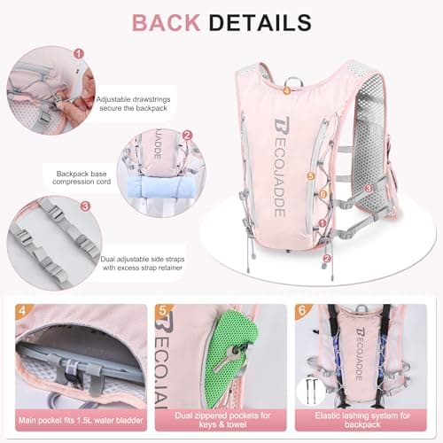 BECOJADDE Running Vest Hydration Backpack Lightweight 5L Water Pack with One 1.5L Water Bag for Men Women, Running Backpack Hydration for Marathon, Trail, Cycling, Hiking, Jogging, Pink — view 3