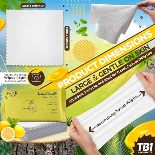 TB1 Products Luxury Towel Wipes 6 Pack – Fresh Lemon Scent – Large 25x25cm Disposable Towels – Individually Wrapped Soft Napkins for Face, Hands & Body – Hot or Cold Use for Travel & Events — view 3