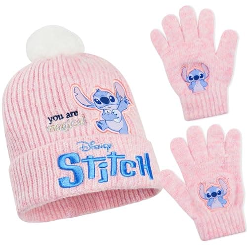 Disney Stitch Girls Beanie Hat and Gloves Kids Teenagers 2 Pcs Winter Accessories Set for School or Travel, Stitch Gifts (6-14 Years, Pink Stitch)