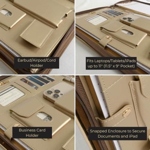 BLU Monaco Brown Vegan Leather Portfolio Binder for Women - Professional Padfolio Work Organizer with Gold Trim, Zippered Business Case for Documents — view 3