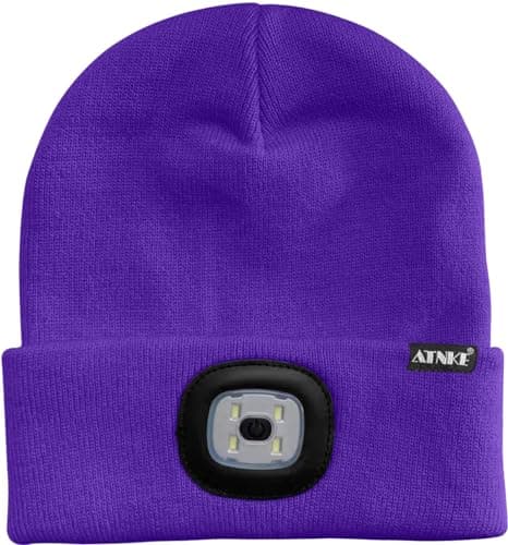 ATNKE LED Lighted Beanie Cap,USB Rechargeable Running Hat Ultra Bright 4 LED Waterproof Light Winter Warm Gifts for Men and Women/Purple — view 2