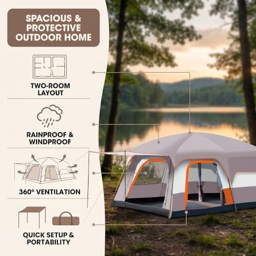VGEBY Instant Pop Up Camping Tent, Spacious 2 Room Layout Quick Setup with Carry Bag for 4-6 Person for Family Camping and Outdoor Adventures (4-6 People) — view 3