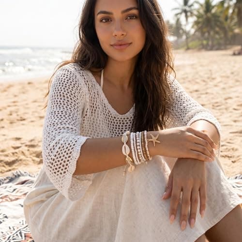 Xqzbmt 7Pcs Summer Beach Bracelets, Beaded Boho Bracelets for Women Shell Starfish Stackable Bracelets Set, Elastic Layered Bracelet Stack, Aesthetic Mermaid Beach Accessories Gift for Summer Holiday — view 4