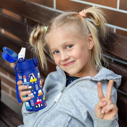 GOPPUS 420ml/14oz Kids Insulated Water Bottle with Straw Double Wall Stainless Steel Child's Small Flask Vacuum Metal Leak Proof Drink Flask Boys Toddler Girls BPA-Free (Blue Construction Vehicle) — view 6