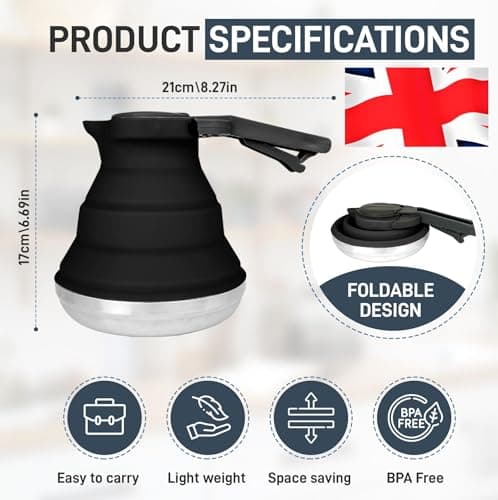 Heather UK Collapsible Kettle Camping Foldable Camping Kettles 1.5L Silicone and Aluminium Gas Stove Top Folding Portable Trave Kettle for Holiday Caravan Large Black — view 4