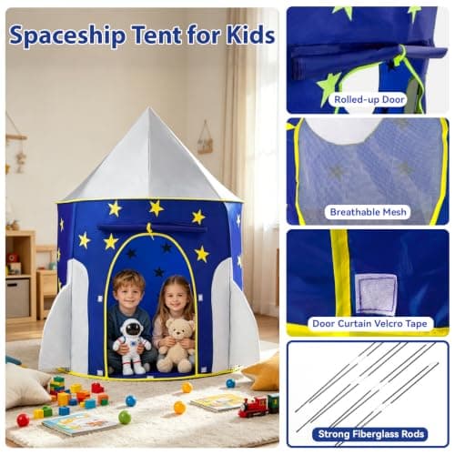 Rocket Ship Kids Play Tent, Astronaut Themed Pop Up Playhouse, Indoor Space Exploration Tent, Birthday Gift for Boys and Girls — view 3