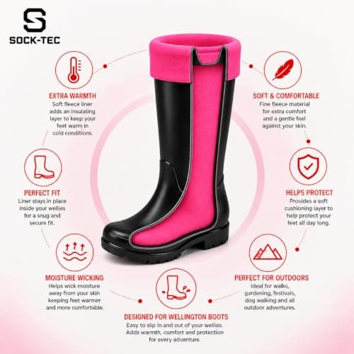 Womens Fleece Wellie Socks Adult Ladies Girls Welly Wellington Boot Thermal Liners Warm Outdoor Sock One Size 3-5 (UK, Numeric, 3, 5, Regular, Regular, Hot Pink) — view 2