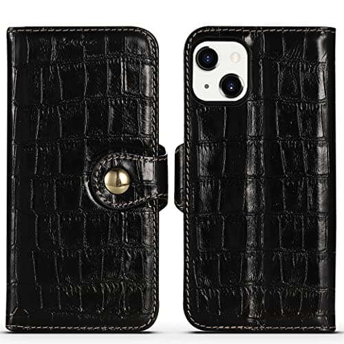 nincyee Genuine Leather Wallet Case for iPhone 13,Classic Crocodile Pattern Real Leather Flip Stand Case Cover with Card Slot Black