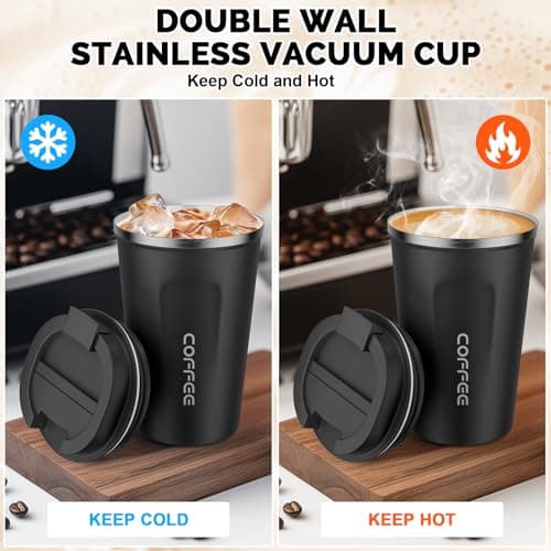 MOMSIV Black Coffee Cup, Vacuum Reusable Leakproof Double Wall Coffee Cup, Insulation Stainless Steel Eco-Friendly Travel Office Mug for Hot Coffee Tea and Cold Drinks, 13oz/380ml — view 4