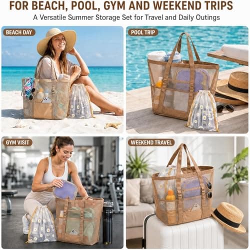 7PCS Beach Bag Set, Mesh Tote for Women with Summer Storage Pouches — view 2