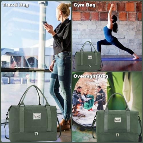 Large Weekender Bags for Women Travel Duffel Bag with Shoes Compartment & Wet Pocket, Carry on Bags for Airplanes Women, Duffel Bag Gym Tote Overnight Bag, Olive Green-A, L — view 6