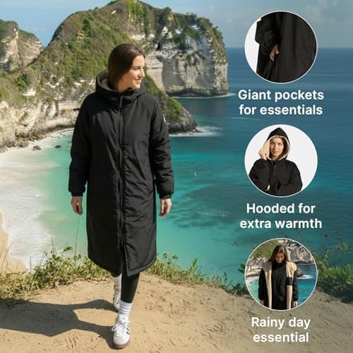 OHS Rain Coats for Women Men, Oversized Waterproof Jacket Fleece Lining Changing Robe with Hood & Pockets Lightweight Ladies Raincoat Drying Robe for Outdoor Travel, Black/Beige - L/XL — view 6