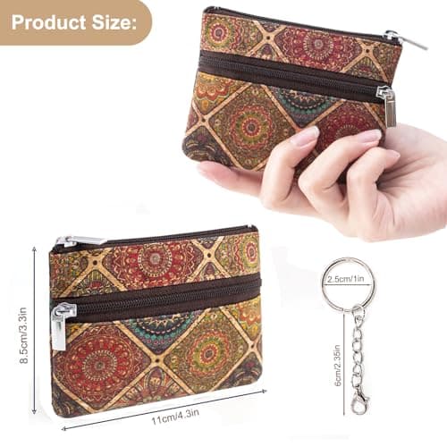 Eco-friendly Natural Cork Coin Purse, Boshiho Mini Coin Change Wallet Credit Card Holder Zipper Pouch Vegan Wallet with Key Ring Keychain, Pattern B, 4.3 x 3.3 x 0.2 inch, Fashion — view 4
