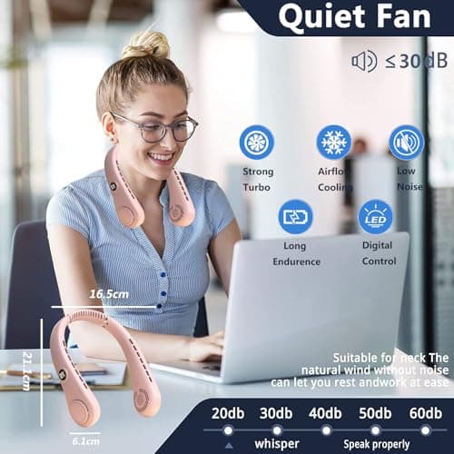 Bladeless Neck Fan, USB Rechargeable Hands-Free Portable Fans with LED Display, 5 Speeds Operated Adjustable 360° Airflow Cooling Wearable Fan for Men Women Sporting Travelling Working (Pink) — view 3