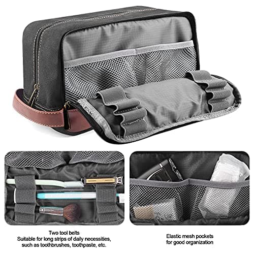 Seemeroad Travel Toiletry Bag for Men and Women, Canvas Toiletry Organizer Water-Resistant Vegan Leather, Hanging Dopp Kit Shaving Bag for Toiletries Accessories (Black, Large) — view 2
