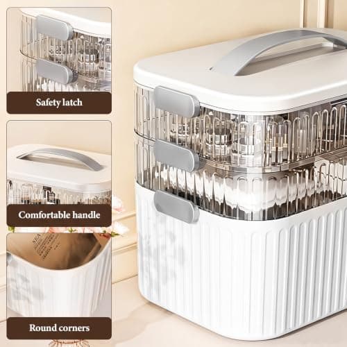 Medicine Storage Box, 3 Layer Multi Purpose Organizer with Portable Handle and Secure Buckle Latch, Large Heightened Desktop First Aid Medication Organizer Case for Pantry Home Office Car Travel-White — view 3