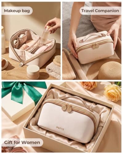 Prite Travel Makeup Bag Flat Lay Cosmetic Case with Brush Pocket, Beige, M — view 6
