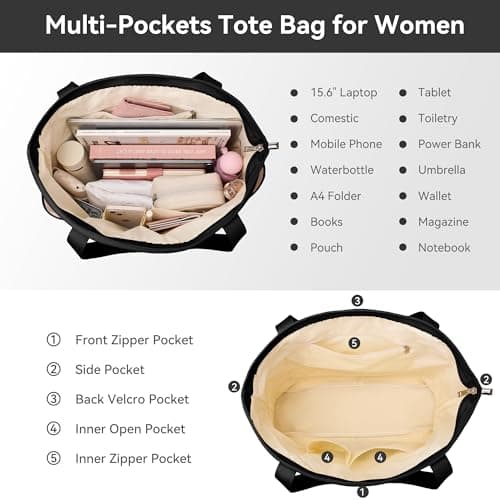KALIDI Tote Bag for Women Multiple Pockets Large Handbag for Work College — view 5