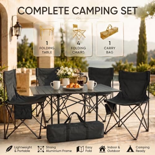 HomlyPro Folding Camping Table and Chairs, Set of 4 - Lightweight and Durable, Garden Table and Chairs with Carry Bag for Indoor & Outdoor Use, Ideal for Picnic & Garden (Black) — view 3