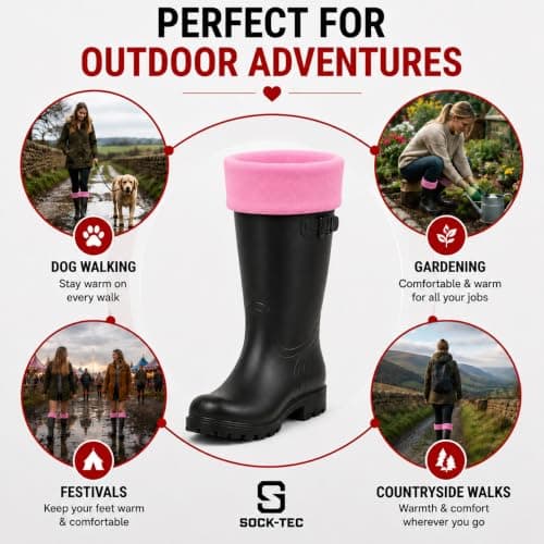 Womens Fleece Welly Socks Thermal Wellington Boot Liners Size 4-7 (Pink) — view 6
