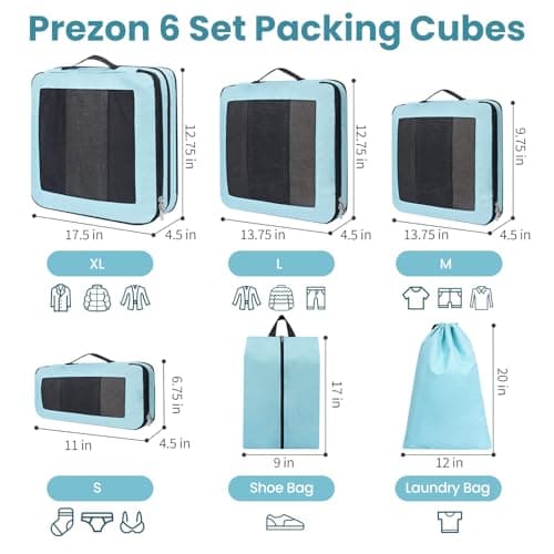 Prezon Compression Packing Cubes for Carry on Luggage, Full Open & Mesh Visible Design, 6 Set Expandable Travel Packing Organizer with Laundry Bag and Shoe bag for Vacation, Camping, Business — view 3