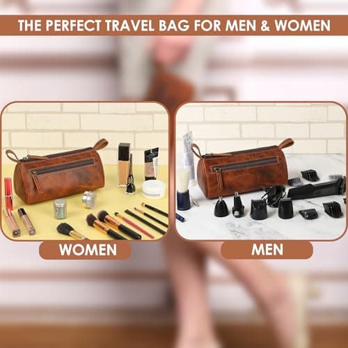 TheAntiq Leather Toiletry Bag Travel Dopp Kit for Men & Women Leather Makeup Organiser with Zipper Compartments Compact Travel Pouch Tan 8x3.5x3.5 Inch — view 3