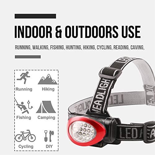 Lichamp Headlamp, 10 Pack 12 LED 3 Mode Portable Head Lamp Flashlight, Outdoor Lightweight Durable Headlight for Running, Camping, Reading, Fishing, Hunting, Walking, Jogging, Black + Red Color — view 4