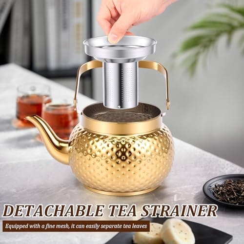 1.5/2 Litre Gold Hammered Tea Kettle Stainless Steel Coffee Pot Loose Leaf Teapot with Strainer Stovetop Tea Kettle Outdoor Camping Travel Supplies Gift for Women(2L) — view 5