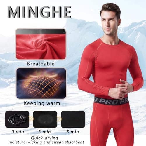 Minghe Thermal Underwear Mens, Long Johns for Men Thermal Underwear Set Red — view 3
