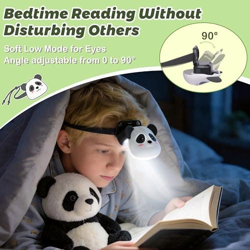 Ammonite Kids Panda Headlamp, USB-C Rechargeable LED Head Light with 3 Modes & Flash, 0-90° Adjustable Beam, Soft Silicone Strap, Flip-Up Hidden Light for Camping Reading — view 2