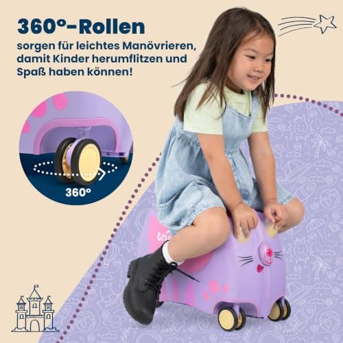 Trunki Ride-On Kids Suitcase with 360° Front Wheels - 17.6 L Hand Luggage Bag, Cabin Luggage with Wheels, Carry-on Approved Lightweight Kids Luggage with Tow Strap - Cassie the Cat, Purple — view 3