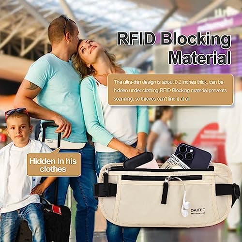 RFID Blocking Money Belt for Men Women, Slim Fanny Pack for Travel，Running,Conceal Waist Wallet for Passport Holder,Phone,Cash(Cream White) — view 2