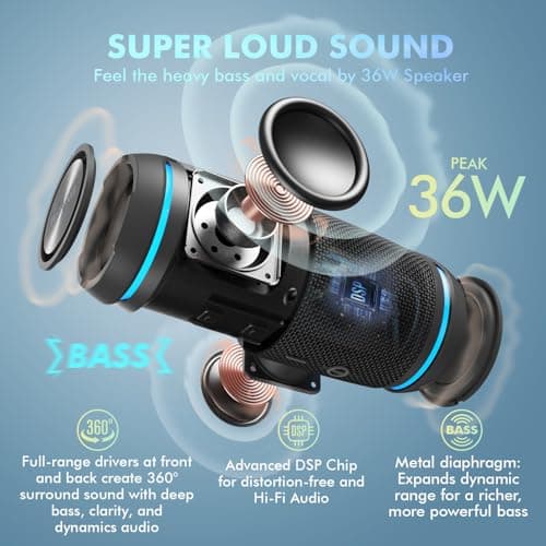 W-KING Bluetooth Speaker, 36W Portable Wireless Bluetooth Speakers, IPX6 Waterproof Outdoor Speaker Loud With 360° Stereo Hi-fi Sound, 2 EQ, BT 5.4, 30H Playtime, for Travel, Sport, Beach, Gifts — view 2