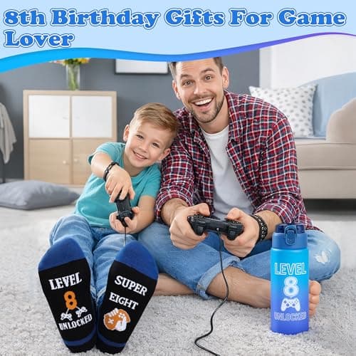 EccoDen 8th Birthday Gifts for Boys Age 8 – Funny Gamer Gift Set with Sports Water Bottle, Gamepad Keyring, Level 8 Socks & Bracelet – Cool Birthday Presents for Gamer Kids — view 6