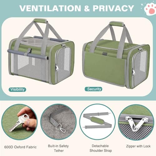 BTNEEU Soft Sided Cat Carrier Bag Airline Approved Large Pet Carrier Portable Dog Carrier Ventilated Foldable Pet Travel Carriers Bag For Cats With Shoulder Strap & Washable Mat (Grass Green) — view 5