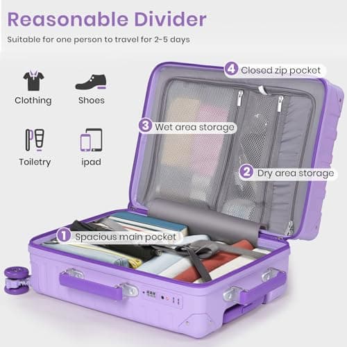 Tavoxda Carry on Suitcase PC Hard Shell Super Lightweight Small Travel Case Cabin Luggage with 4 Wheels TSA Lock for Women, 20" Purple — view 6