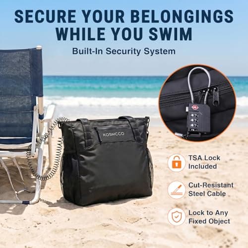 KOSMCCO Beach Tote Bag with Lockable Security Cable, Black — view 2