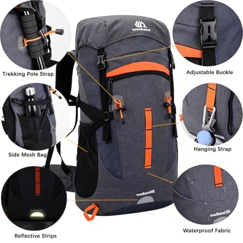 Lawaia 50L Hiking Backpack for Travelling Camping Large Rucksack for Men Women Waterproof Walking Trekking Sports and Outdoor Lightweight Backpack Survival Mountain Bag Festival Fishing — view 5