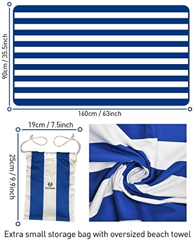 Victoper Microfiber Beach Towel d Quick Fast Dry Sand Free Soft Compact Lightweight Beach Towels for Adults Suitable for Pool Swim Beach Yoga Camping Gym 63x35 Inch Carry Bag Blue Stripes — view 2