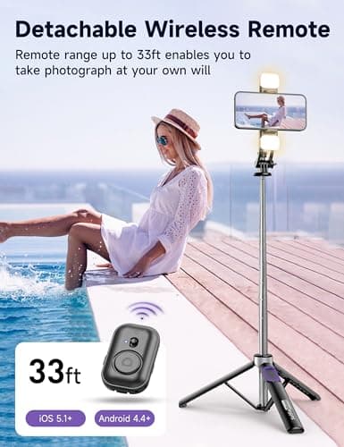 53'' Selfie Stick Tripod with Light, Extendable Selfie Stick with Remote, Portable Cell Phone Tripod Stand with All in 1 Phone Clip, Lightweight Camera Tripod Compatible with iPhone 17 16 15, Android — view 4