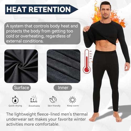 AMZSPORT Mens Thermal Base Layer Set Warm Fleece Lined Winter Underwear Breathable Long Johns Compression Long Sleeve Top & Bottom Black XL — view 5