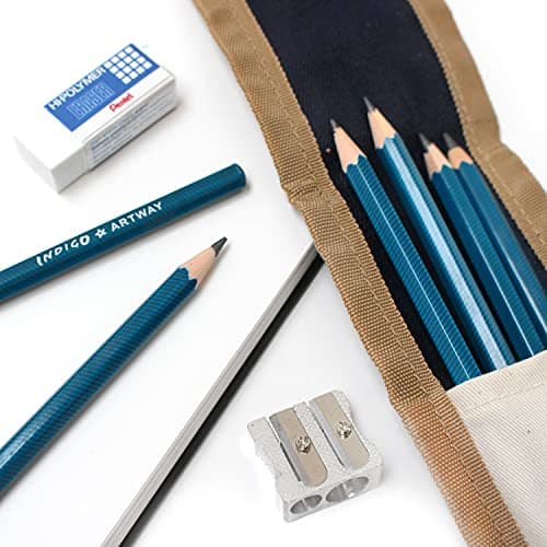 Artway Indigo Pencil Wallet Set - inc. 6 graded graphite pencils (HB-10B), pencil wallet, Pentel eraser and metal sharpener — view 3