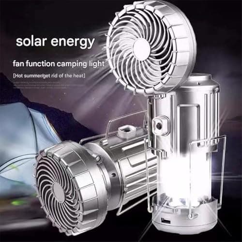 Solar Camping Lantern with Fan, Upgraded Rechargeable 3-in-1 Solar Light, Collapsible LED Camping Lanterns Light Weigh: Fan, Light & Power Bank for Outdoor Adventures (Silver,11 inches) — view 2
