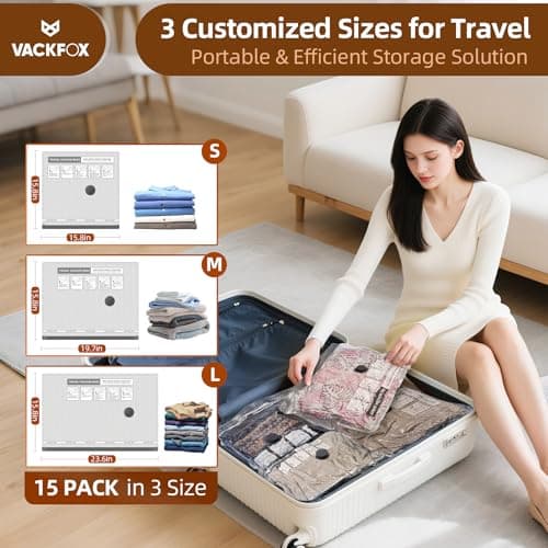 VACKFOX 15 Pack Vacuum Seal Bags with Wireless Rechargeable Electric Pump, Vacuum Storage Bags with LED Light (5L+5M+5S), Travel Vacuum Bags for Luggage, Space Saver for Clothes & Clothing Travel — view 2