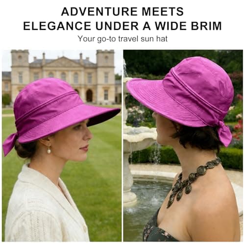 ADUDVLO Sun Hats for Women UK, Stylish UPF 50+ 2-in-1 Detachable Top & Adjustable Visor, Foldable Packable Wide Brim Beach Hat for Travel & Outdoor (Purple Red) — view 5