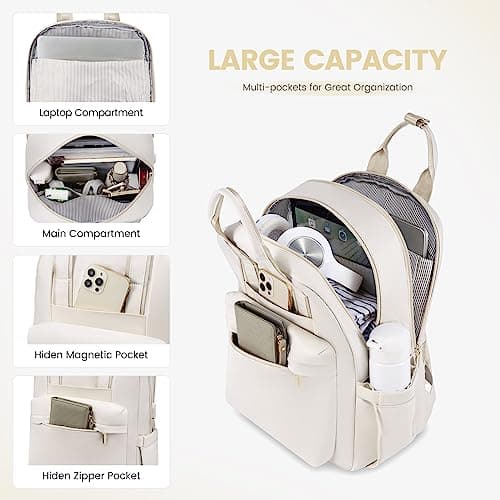 LOVEVOOK Womens Backpack, 17.3 inch Large Laptop Rucksack Bag for Women, Lightweight Ladies Laptop Bag School Bags with USB Port, Fashion Daypacks Back Pack for Uni Office Business Travel, Cream — view 2