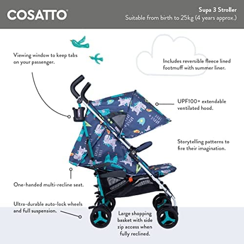 Cosatto Supa 3 Pushchair with Footmuff – Lightweight Stroller from Birth to 25Kg - Easy, Compact, Umbrella Fold, Large Shopping Basket, Carry Handle Footmuff (Hoglet) — view 3