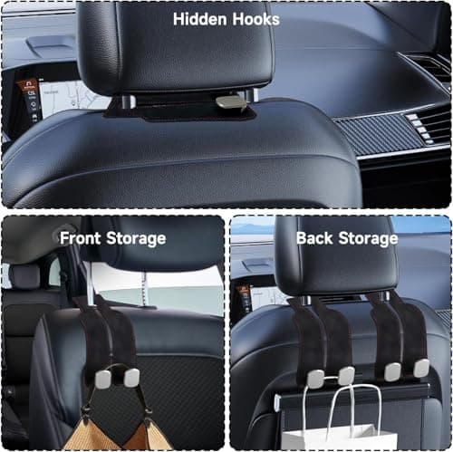 2Pcs Car Seat Back Hooks, Leather Vehicle Headrest Hook Backseat Hangers with Dual Hooks, Car Seat Organiser Hook for Hanging Bags Purses Handbags, pace-Saving Travel Organizer for Automobiles — view 5