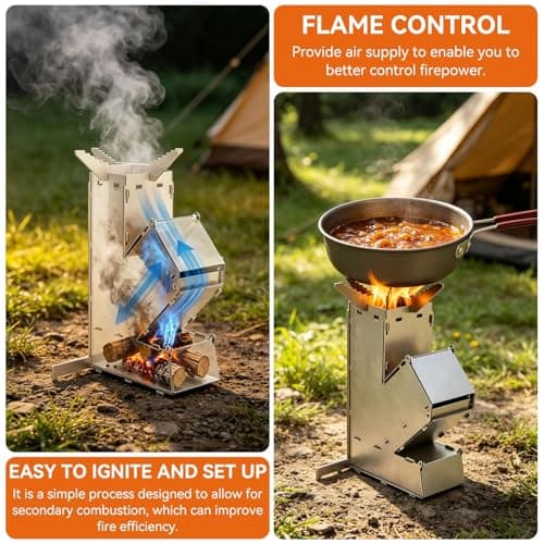 Camping Rocket Stove, Portable Camping Stoves Stainless Steel Wood Burning Grill Detachable Grill with Storage Bag for Outdoor Hiking BBQ — view 2