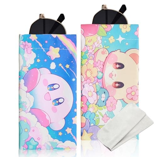 PERFECTSIGHT Eyeglass Glasses Sunglass Case Bag with Cleaning Cloth, Portable Squeeze Top Soft Vegan Leather Pouch for Women Boys Girls 2 Pack (Blue+Pink KB Bear)